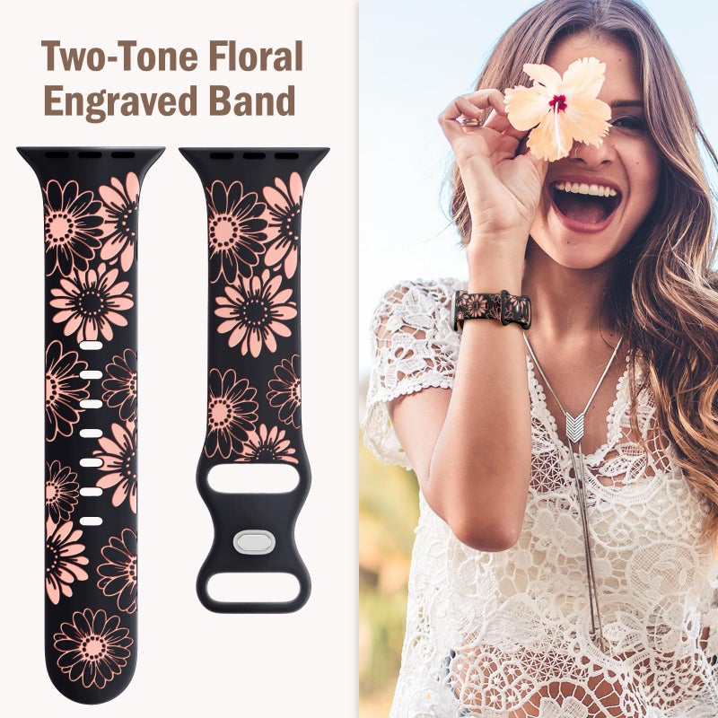 DaQin Floral Engraved Band Compatible with Apple Watch Bands for Women 40mm 41mm 42mm 44mm 45mm 46mm 38mm, Cute Two-Tone Flower Soft Silicone Sport Strap for iWatch Series 11 10 9 8 7 6 5 4 3 2 1 SE - Image 4