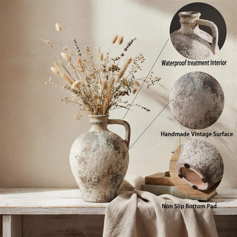 LUKA Ceramic Rustic Farmhouse Vase,8.25 inch Terracotta Vase with Handle,Neutral Clay Pot Vases Decorative Vase for Living Room,Table,Shelf Decor(Brown,M) - Image 4
