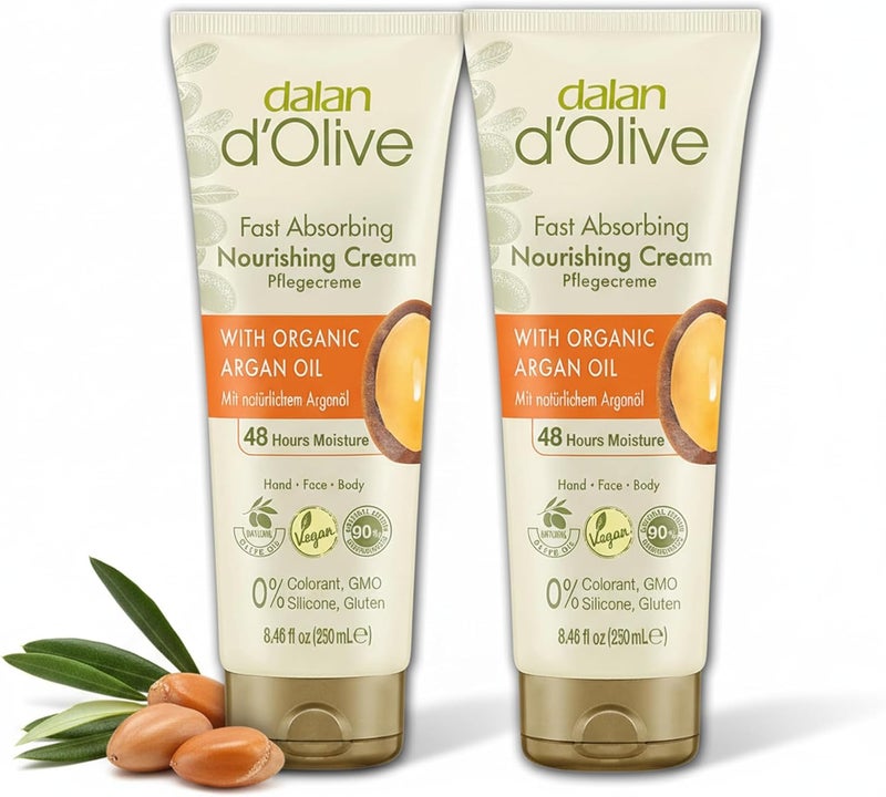 مجموعة كريم زيت الأركان دالان د أوليف من 2 للعناية الطبيعية بزيت الزيتون نباتي ومرطب لليد والوجه والجسم 0 صبغات سيليكون غير معدلة وراثيًا 250 مل