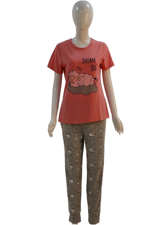 JOANNA - JOANNA Women's Dream Big Print Short Sleeve Shirt & Long Pants Pajama Set, Pink - Image 1