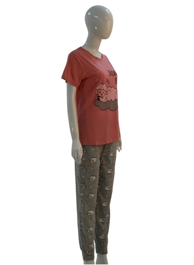 JOANNA - JOANNA Women's Dream Big Print Short Sleeve Shirt & Long Pants Pajama Set, Pink - Image 1