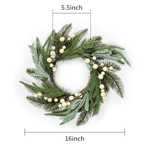 Kunjocy Artificial Small Christmas Wreath 16 Spruce Norfolk Pine Wreaths with Glitter Frosted Mistletoe Leaves White Berries Winter Greenery Candle Rings Door Kitchen Cabinets Decoration 55 Opening A - Image 3