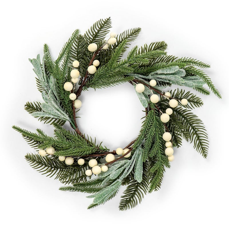 Kunjocy Artificial Small Christmas Wreath 16 Spruce Norfolk Pine Wreaths with Glitter Frosted Mistletoe Leaves White Berries Winter Greenery Candle Rings Door Kitchen Cabinets Decoration 55 Opening A - Image 2
