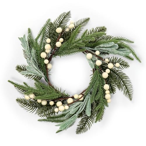 Kunjocy Artificial Small Christmas Wreath 16 Spruce Norfolk Pine Wreaths with Glitter Frosted Mistletoe Leaves White Berries Winter Greenery Candle Rings Door Kitchen Cabinets Decoration 55 Opening A - Image 1