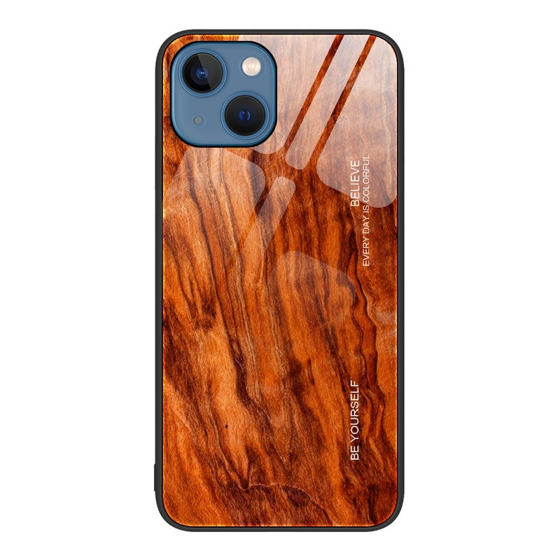 HuHa Protective Cover For iPhone 14 Plus Wood Grain Glass Protective Case (Light Brown) - Image 1