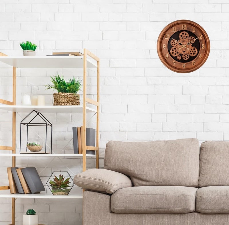 HOME ELEMENTS Modern Moving Gear Wall Clock for Living Room Wall Mount Clock Industrial Steampunk Design Moving Gear Analog Wall Clock for Home Decor Office (32.5cm Round Clock) (Copper Golden) - Image 2