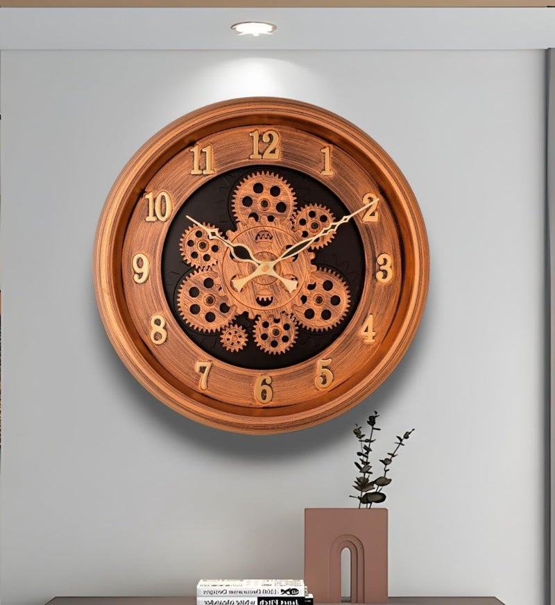HOME ELEMENTS Modern Moving Gear Wall Clock for Living Room Wall Mount Clock Industrial Steampunk Design Moving Gear Analog Wall Clock for Home Decor Office (32.5cm Round Clock) (Copper Golden) - Image 1