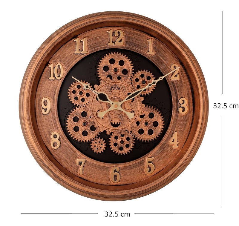 HOME ELEMENTS Modern Moving Gear Wall Clock for Living Room Wall Mount Clock Industrial Steampunk Design Moving Gear Analog Wall Clock for Home Decor Office (32.5cm Round Clock) (Copper Golden) - Image 5