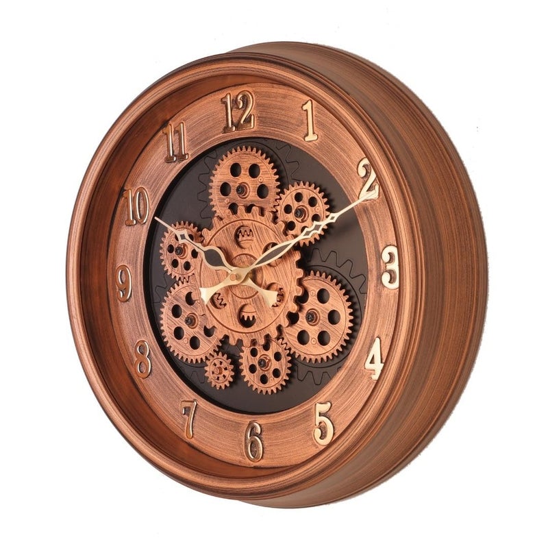 HOME ELEMENTS Modern Moving Gear Wall Clock for Living Room Wall Mount Clock Industrial Steampunk Design Moving Gear Analog Wall Clock for Home Decor Office (32.5cm Round Clock) (Copper Golden) - Image 3
