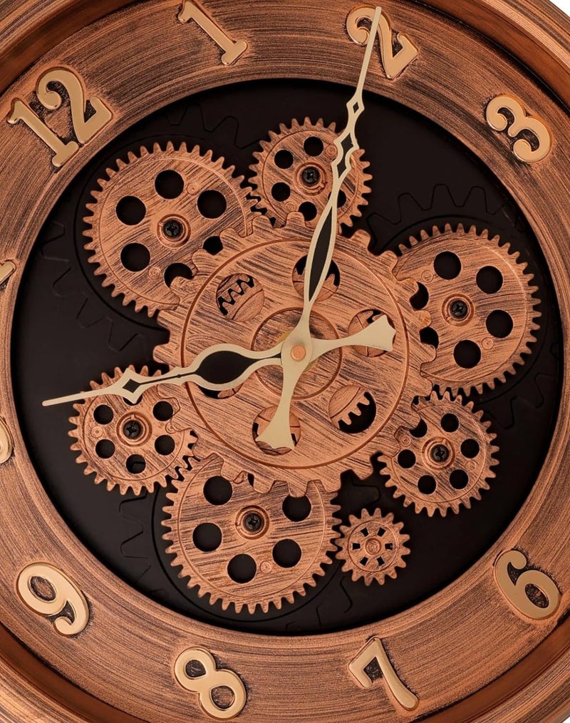 HOME ELEMENTS Modern Moving Gear Wall Clock for Living Room Wall Mount Clock Industrial Steampunk Design Moving Gear Analog Wall Clock for Home Decor Office (32.5cm Round Clock) (Copper Golden) - Image 4