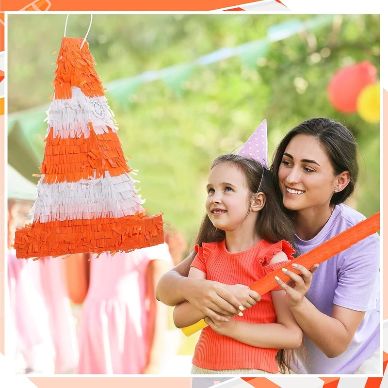 Sratte بيناتا مخروط المرور برتقالي لمستلزمات حفلات موضوع البناء لعيد ميلاد الأطفال تشمل عصا وغطاء عين وكونفيتي 158 x 95 x 32 بوصة - Image 5