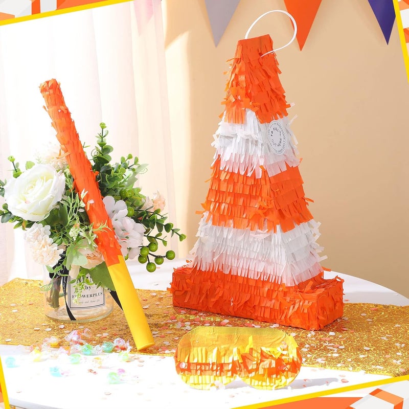 Sratte بيناتا مخروط المرور برتقالي لمستلزمات حفلات موضوع البناء لعيد ميلاد الأطفال تشمل عصا وغطاء عين وكونفيتي 158 x 95 x 32 بوصة - Image 3