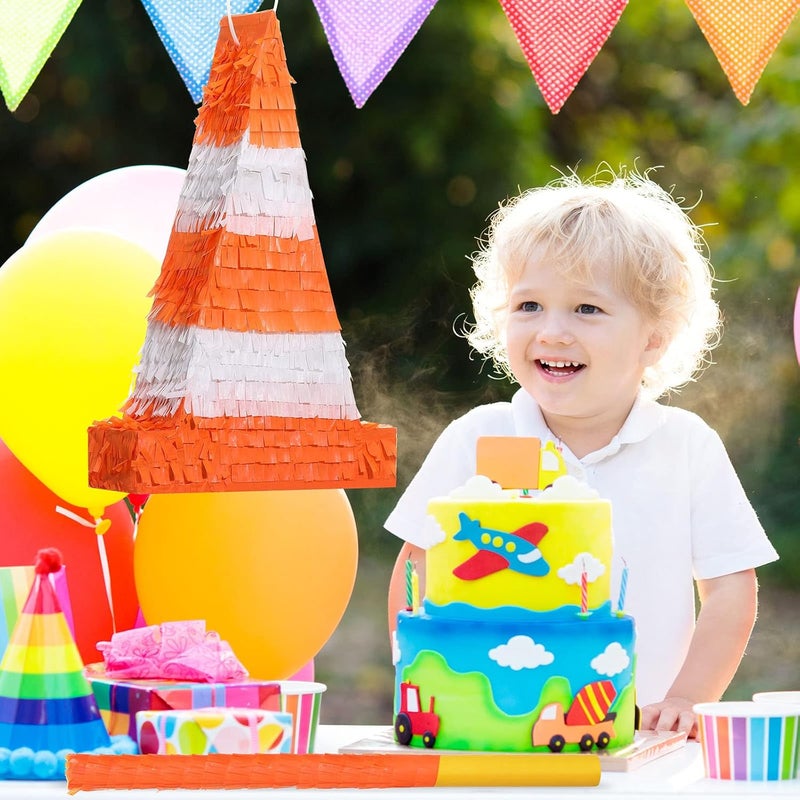 Sratte بيناتا مخروط المرور برتقالي لمستلزمات حفلات موضوع البناء لعيد ميلاد الأطفال تشمل عصا وغطاء عين وكونفيتي 158 x 95 x 32 بوصة - Image 4