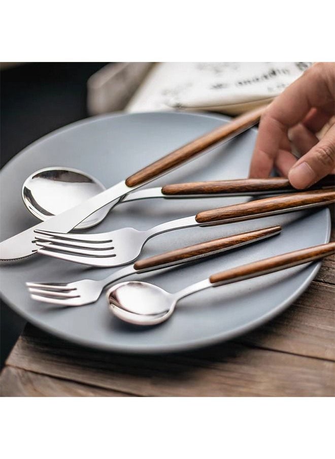 Generic - 5 Pcs Silverware Tableware Set with Faux Wooden Handle, Creative 304 Stainless Steel Anti Rust Mirror Plished Retro Wooden Flatware, Knife Spoons And Forks Restaurant Kitchen Utensil (Silver) - Image 1