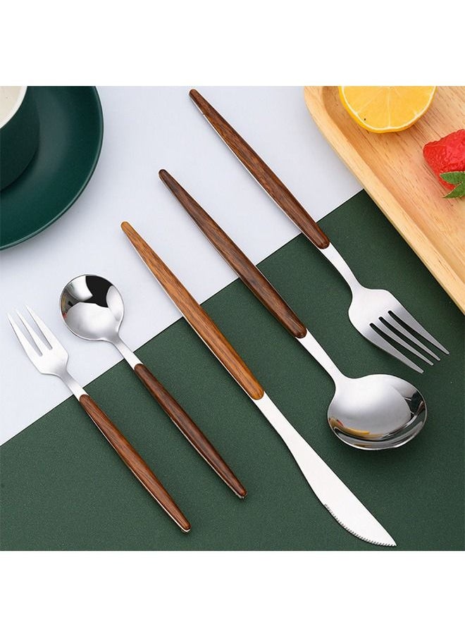 Generic - 5 Pcs Silverware Tableware Set with Faux Wooden Handle, Creative 304 Stainless Steel Anti Rust Mirror Plished Retro Wooden Flatware, Knife Spoons And Forks Restaurant Kitchen Utensil (Silver) - Image 1
