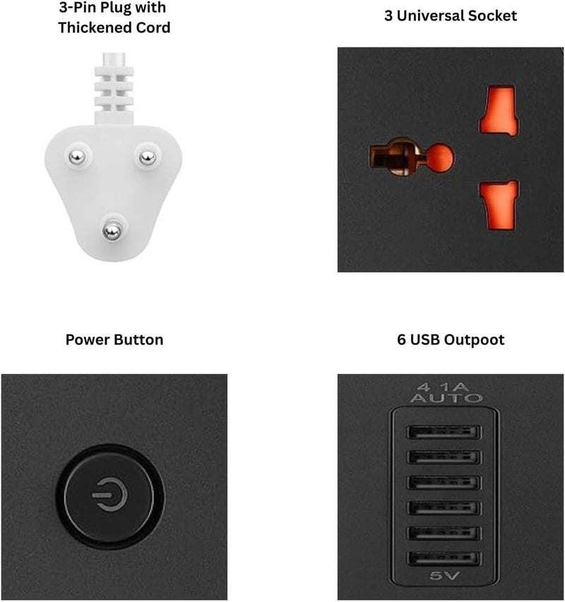 NOJTI لوح تمديد، شريط كهربائي بـ 6 منافذ USB و٣ منافذ عامة، كابل تمديد بقدرة 2500 واط وجهد 10 أمبير، شريط كهربائي مزود بحامي من الصدمات الكهربائية ثلاثي الأطراف للاستخدام المنزلي والمكتبي وأجهزة الكمبيوتر وشحن الهواتف المحمولة (لون أبيض - Z64) - Image 4