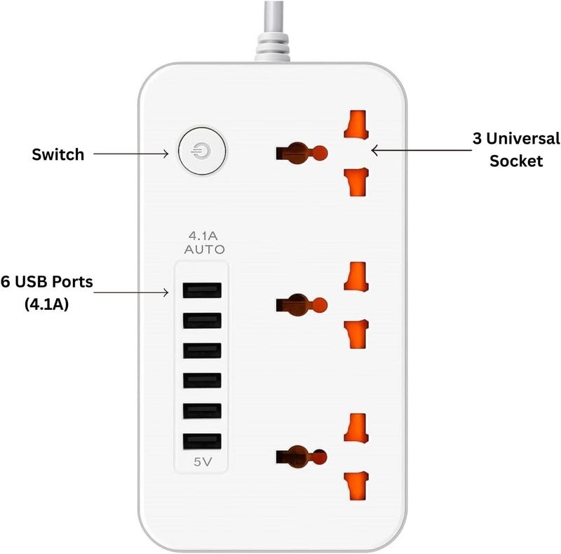 NOJTI لوح تمديد، شريط كهربائي بـ 6 منافذ USB و٣ منافذ عامة، كابل تمديد بقدرة 2500 واط وجهد 10 أمبير، شريط كهربائي مزود بحامي من الصدمات الكهربائية ثلاثي الأطراف للاستخدام المنزلي والمكتبي وأجهزة الكمبيوتر وشحن الهواتف المحمولة (لون أبيض - Z64) - Image 3