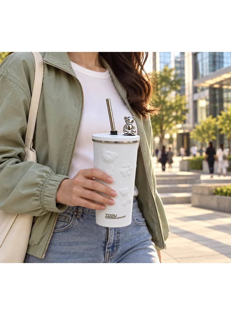 Tooly 600ml White Stainless Steel Vacuum Insulated Travel Tumbler with Lid, Straw, and Decorative Bear, 304 Double Wall for Hot & Cold Beverages, Leak-Resistant Design
