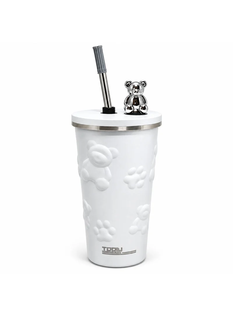 Tooly 600ml White Stainless Steel Vacuum Insulated Travel Tumbler with Lid, Straw, and Decorative Bear, 304 Double Wall for Hot & Cold Beverages, Leak-Resistant Design
