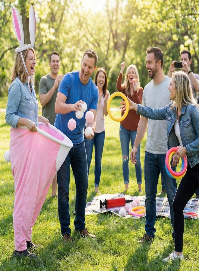 Cuffbow 17 Pcs Easter Bunny Granny Pants Yard Game Sets Granny Pink Pants Ring Toss Poms Inflatable Bunny Ears & Hoops for Adults Easter Family Party Outdoor Activities Lawn Tossing Catching - Image 3