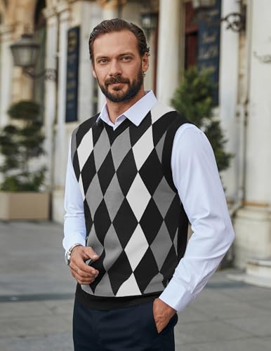 Coofandy Men's Casual Slim Fit V-neck Rhombus Business Knitwear Sweater Vest Black Medium - Image 4