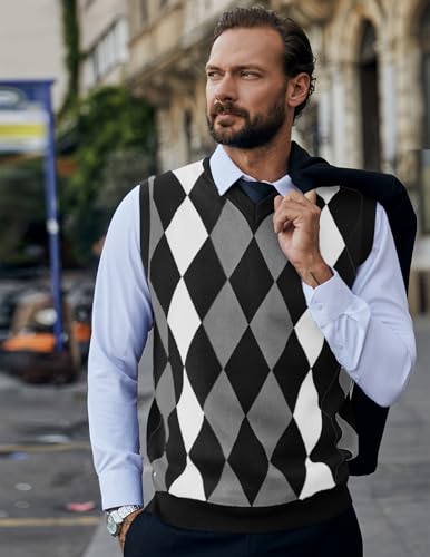 Coofandy Men's Casual Slim Fit V-neck Rhombus Business Knitwear Sweater Vest Black Medium - Image 2
