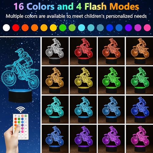 oboist Dirt Bike Gift 3D Night Light, 16 Colors Illusion Night Lamp for Boys - Dirt Bike Themed Bedroom Lamps, Optical Illusion Lamp with Remote Control, Kids' Room Décor, Cool Gifts for Motorcycle Lovers - Image 2