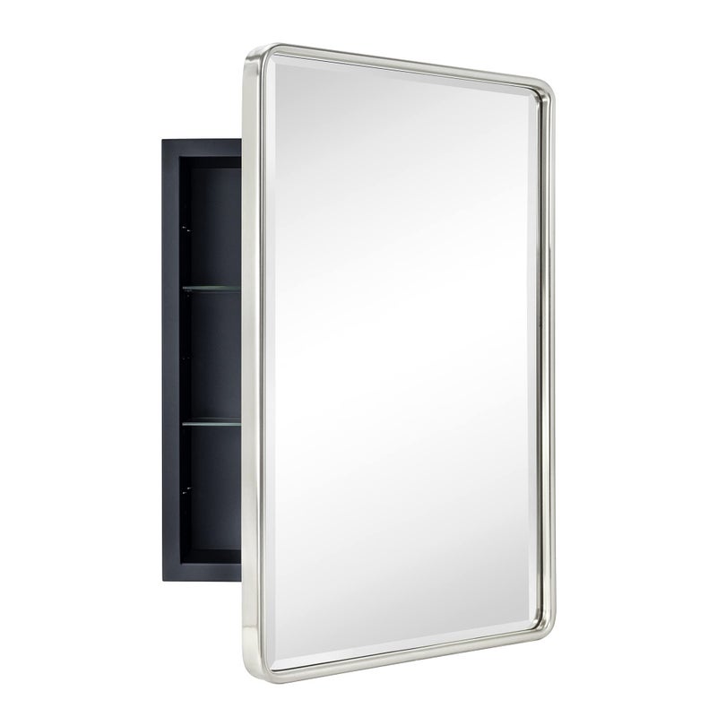 TEHOME Farmhouse Brushed Nickel Metal Framed Recessed Bathroom Medicine Cabinet with Mirror Rounded Rectangle Medicine Cabinet with Beveled Mirror 16x24'' - Image 2