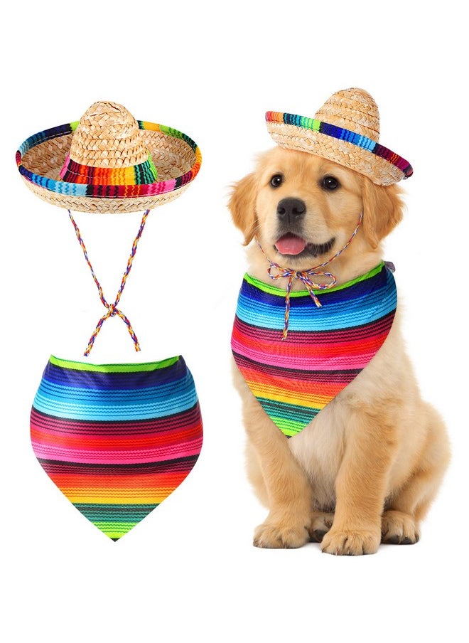 Saintrygo Dog Sombrero Hat Multicolor Sombrero Hats Straw Mexican Hat And Dog Bandana Pet Triangle Bib Costume For Mexican Cinco De Mayo Fiesta Christmas Decorations  - Image 1