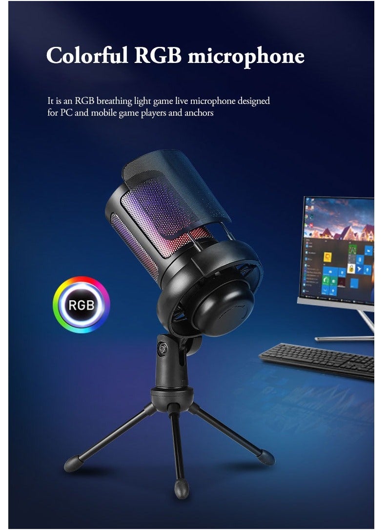 Gaming PC USB Microphone Podcast Condenser Mic for Streaming Twitch Online Chat RGB Computer Mic
