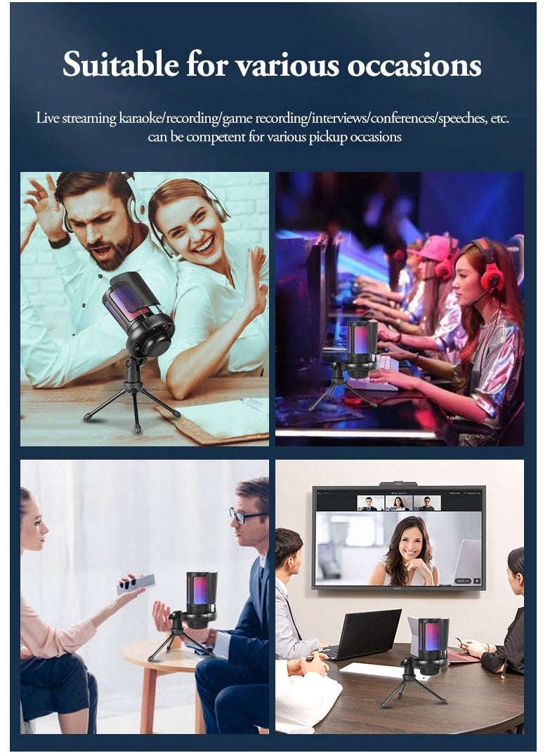 Gaming PC USB Microphone Podcast Condenser Mic for Streaming Twitch Online Chat RGB Computer Mic