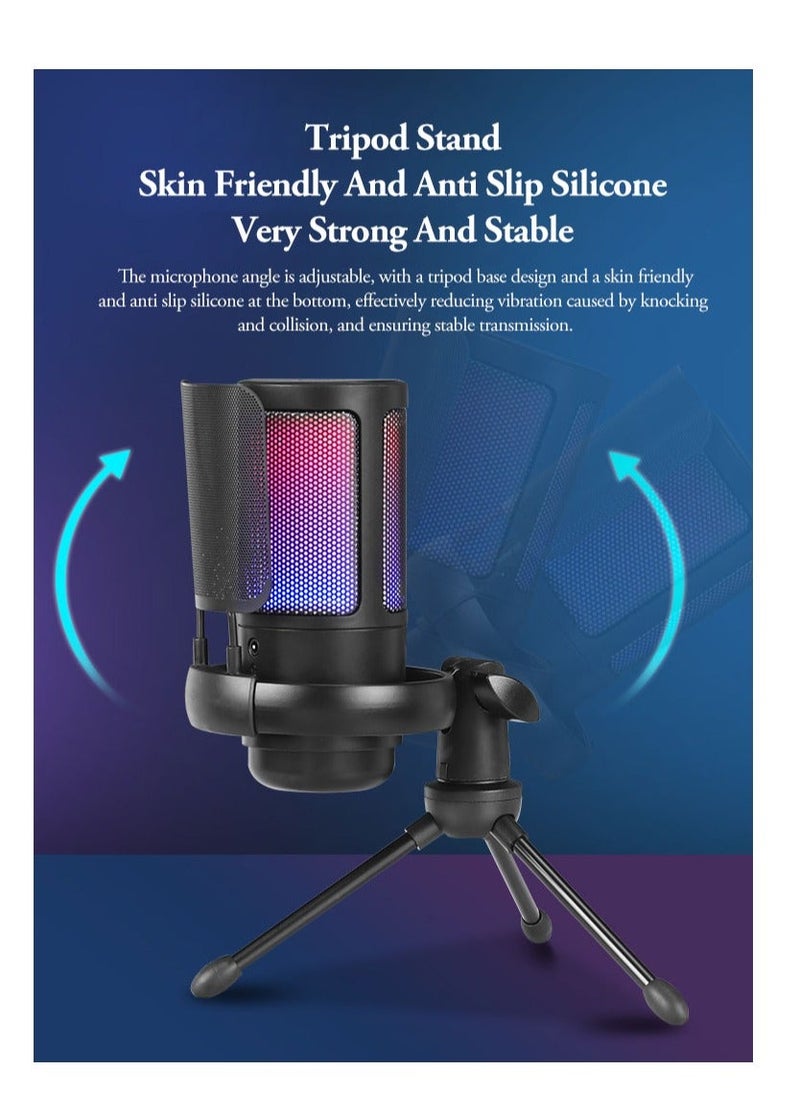 Gaming PC USB Microphone Podcast Condenser Mic for Streaming Twitch Online Chat RGB Computer Mic