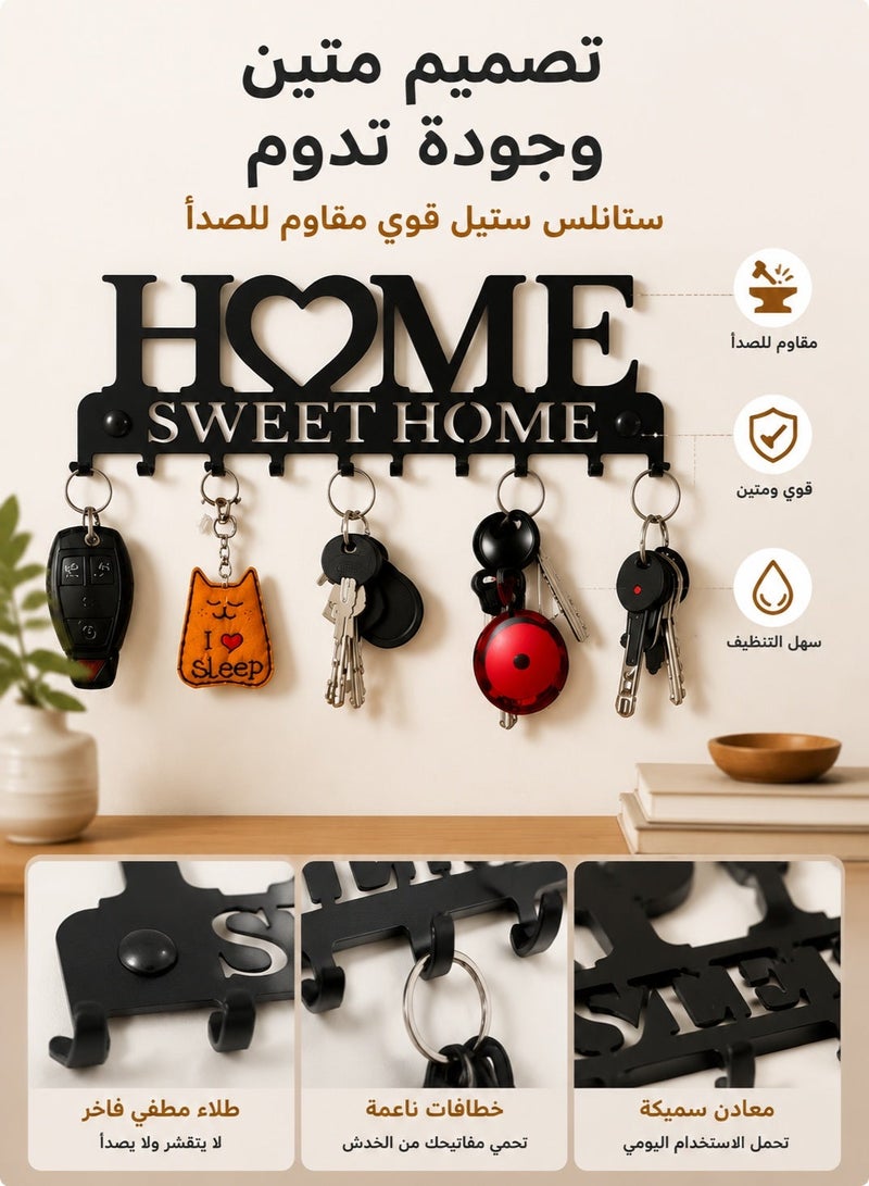 موندا حامل مفاتيح جداري مع 10 خطافات، علاقة مفاتيح معدنية سوداء بتصميم HOME للمدخل والممر والمطبخ والمكتب، مقاس 26 × 9 × 2 سم - Image 2