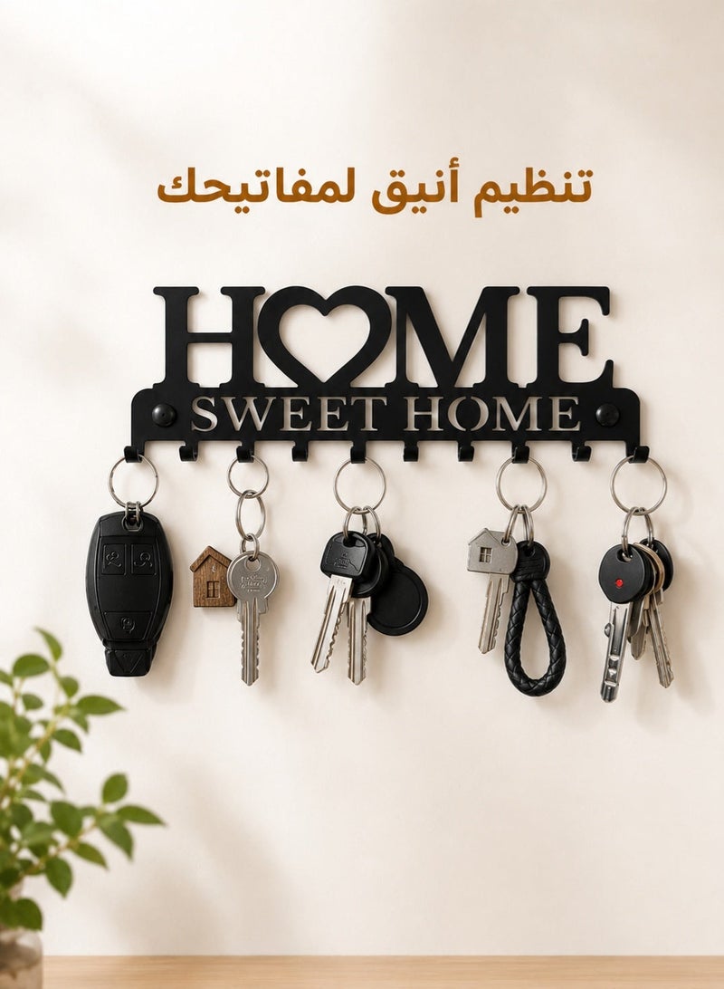 موندا حامل مفاتيح جداري مع 10 خطافات، علاقة مفاتيح معدنية سوداء بتصميم HOME للمدخل والممر والمطبخ والمكتب، مقاس 26 × 9 × 2 سم - Image 1