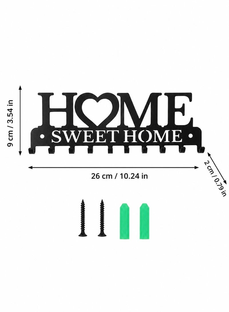 موندا حامل مفاتيح جداري مع 10 خطافات، علاقة مفاتيح معدنية سوداء بتصميم HOME للمدخل والممر والمطبخ والمكتب، مقاس 26 × 9 × 2 سم - Image 5