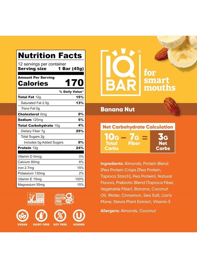 IQBAR Brain and Body Plant Protein Bars - Banana Nut - 12 Count, Low Carb, High Fiber, Gluten Free, Vegan Snacks - Low Sugar Keto Energy Bar Pack  - Image 4