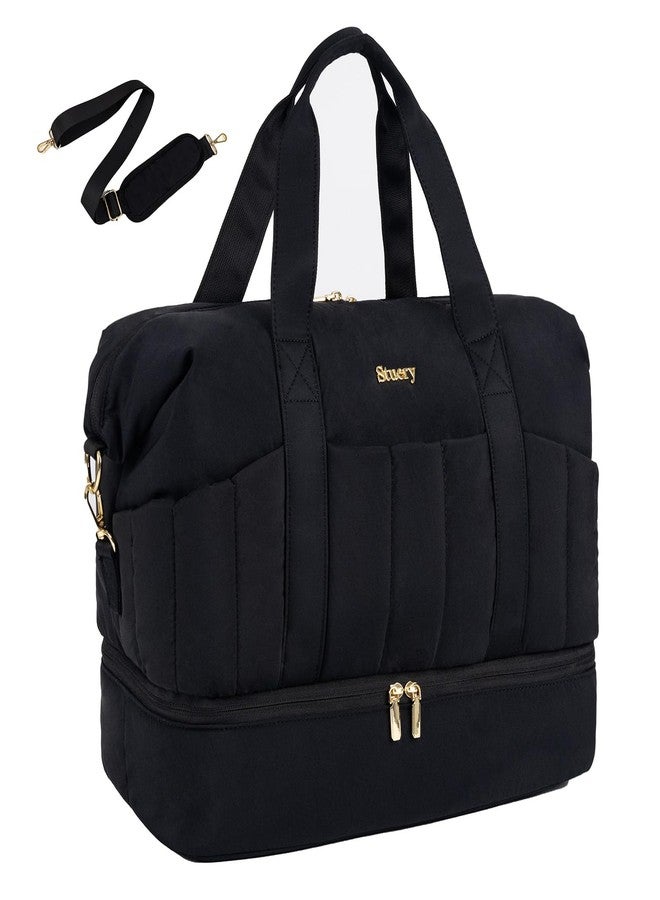 Stuery Lightweight Puffer Gym Bag for Women: Small Carry on Tote Bag for Travel with Shoe Compartment & Wet Pocket, Overnight Weekender Duffel for Airplane Traveling Girls & Teens, Black - Image 1