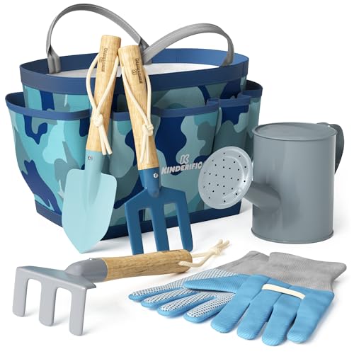 Kinderific Gardening Set Tool Kit for Kids STEM Includes Tote Bag Spade Watering Can Rake Fork Trowel and Gloves Camo Quest - Image 1