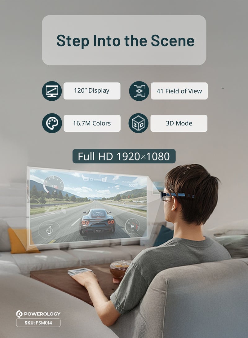 Powerology AR Movie Glass 1080P Full HD / Immerse In Augmented Reality 2/3D Ultra  / Accelerometers, Gyroscopes, Magnetometers Sensor / 24 Bit-Color / Type-C Connector / Smart Glasses / AR Glasses - Blue - Image 4