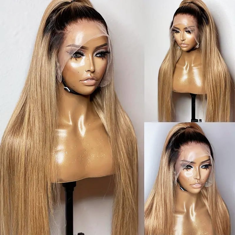 ANDRIA 13x4 HD Lace Front Wigs For Black Women 200 Density Honey Blonde Straight Glueless Lace Frontal Wigs ombre Ash Blonde Wig Synthetic Heat Resistant Hair Wig With Baby Hair Pre Plucked 28 Inch
