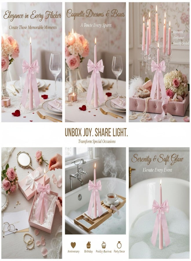 SRCVYLT 6 Pcs Valentines Candle Sticks Pink Bow Taper Candles Coquette 10 Inch Coquette Birthday Decorations Smokeless Unscented Pink Taper Candles for Bachelorette Bridal Bow Party Decor - Image 5