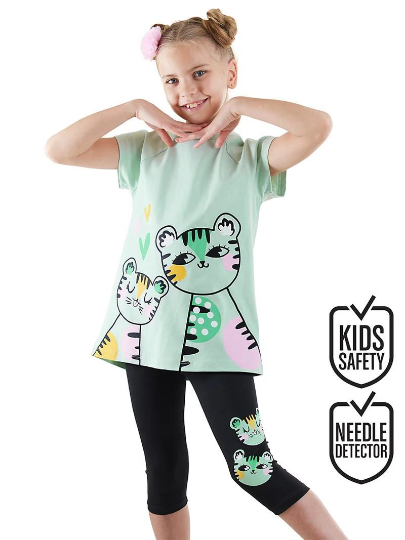 دينوكيدس طقم بناتي تي شيرت وسروال بنمط نمور مزدوجة