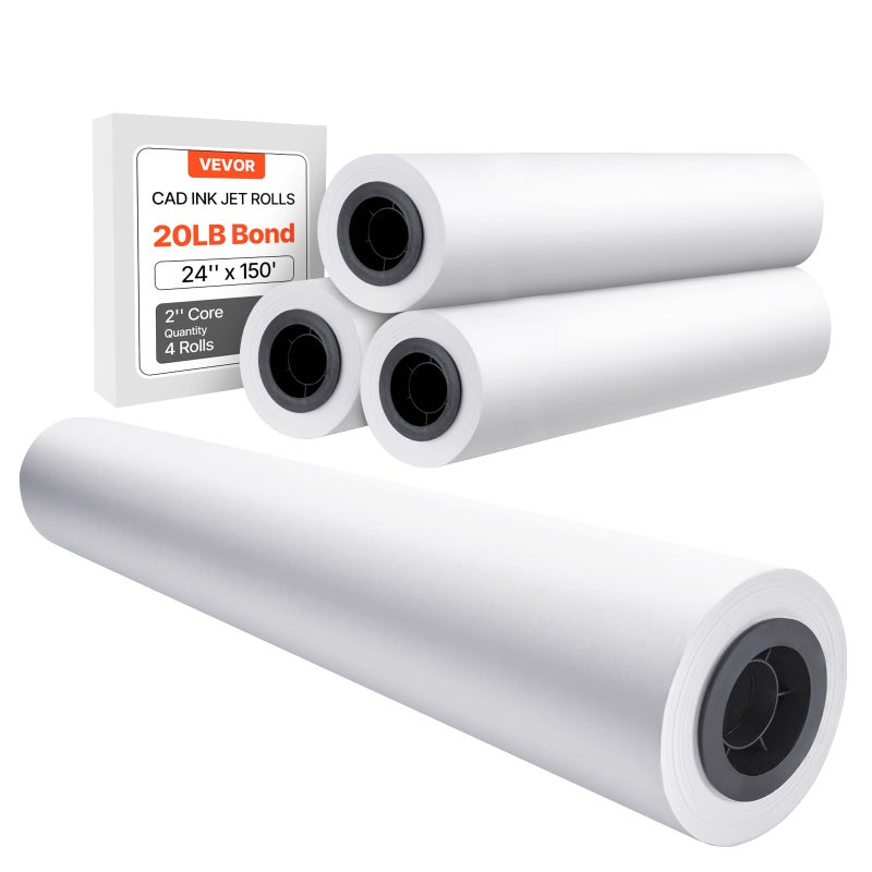 VEVOR Wide Format Paper, 24 in x 150 ft Plotter Paper, 4 Rolls CAD Bond Rolls with 2 in Core, 20 LB Bond Paper Rolls, Idea for CAD Drawings, Engineering Plans, GIS Maps & Architectural Designs - Image 1