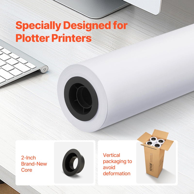 VEVOR Wide Format Paper, 24 in x 150 ft Plotter Paper, 4 Rolls CAD Bond Rolls with 2 in Core, 20 LB Bond Paper Rolls, Idea for CAD Drawings, Engineering Plans, GIS Maps & Architectural Designs - Image 2