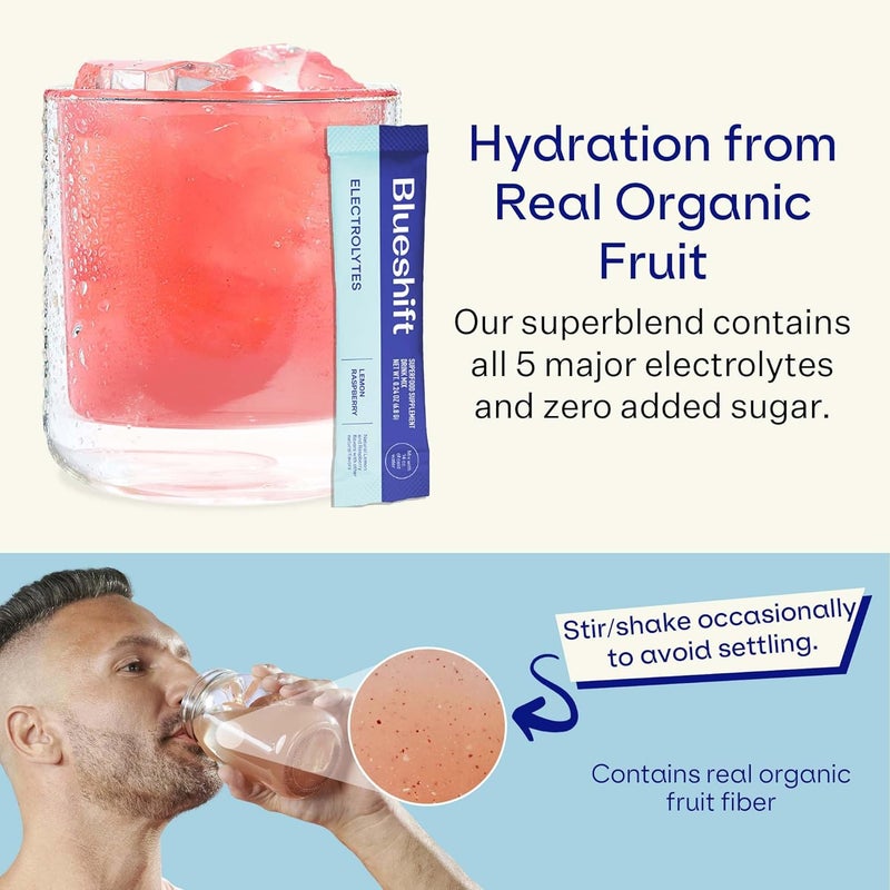 Blueshift Electrolytes  Natural Electrolytes Powder Packets Organic Hydration Packets Electrolyte Drink Mix Sticks with No Sugar Single Serve Pack  Lemon Raspberry Flavor Powder Sticks 10 Pack - Image 2