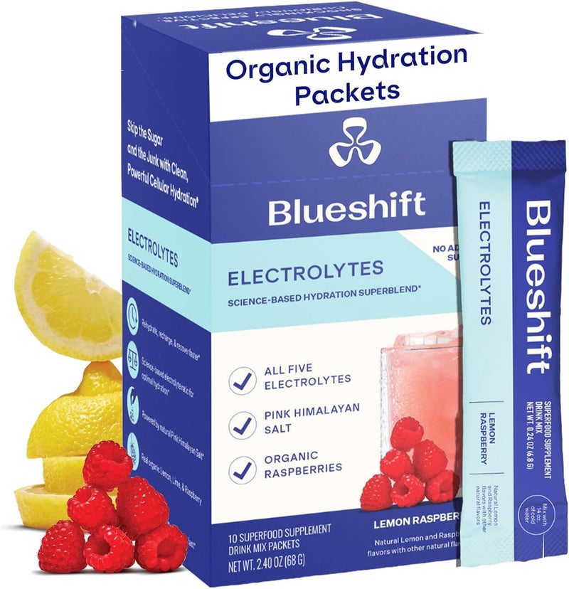 Blueshift Electrolytes  Natural Electrolytes Powder Packets Organic Hydration Packets Electrolyte Drink Mix Sticks with No Sugar Single Serve Pack  Lemon Raspberry Flavor Powder Sticks 10 Pack - Image 1