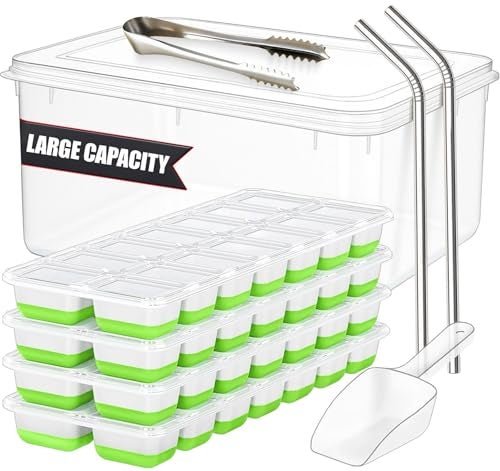Cozy Kitchen Essentials 56pcs Ice Cube Tray with Lid and Bin Stackable 4 Trays Plastic Silicone Freezer Mold Large Ice Bucket with Scoop Tong 2 SS Straws Easy Release Ice Maker for Cocktail Coffee RV Whiskey - Image 1