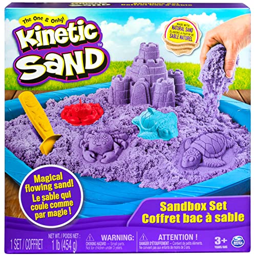 Kinetic Sand مجموعة صندوق الرمل الحركي مع 1 رطل من الرمل الأرجواني و 3 قوالب للأعمار من 3 سنوات وما فوق - Image 1