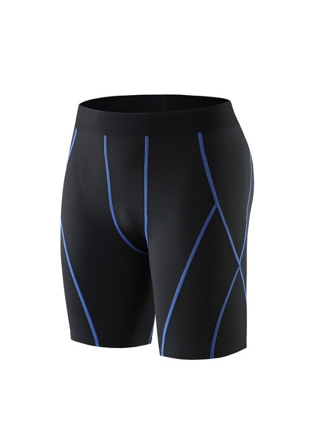 YUKE Men's Fitness Sports Compression Pants, Running, Fitness, Basketball Shorts - Sweat-wicking, Elastic, Five-Point Pants - Mid-rise design, anti-friction elasticity, quick-drying and breathable compression pants, suitable for training, running, and track and field (Black with blue stripes) - XL - Image 1