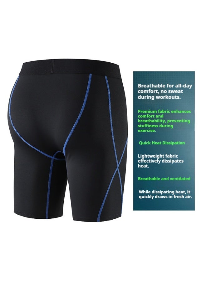 YUKE Men's Fitness Sports Compression Pants, Running, Fitness, Basketball Shorts - Sweat-wicking, Elastic, Five-Point Pants - Mid-rise design, anti-friction elasticity, quick-drying and breathable compression pants, suitable for training, running, and track and field (Black with blue stripes) - XL - Image 2